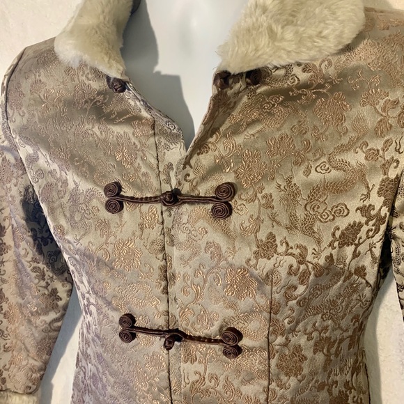100% Silk Gold Asian Inspired S Coat w/ Faux Fur - Picture 6 of 9